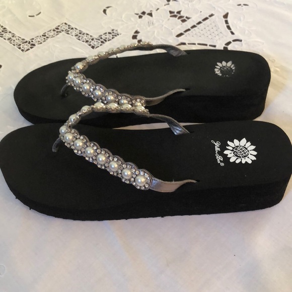 yellow box pearl flip flops
